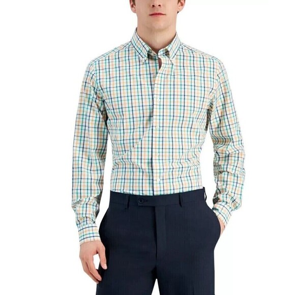 Club Room Men Plaid Dress Shirt Button Down Stretch White Orange Navy Size Large - Picture 1 of 4